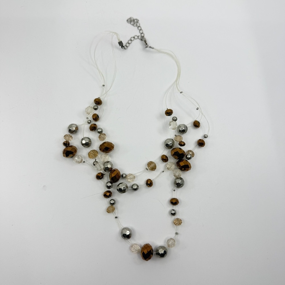 Multi Strand Beads Necklace Bronze & Silver Tone with Clear Crystals - Picture 11 of 13